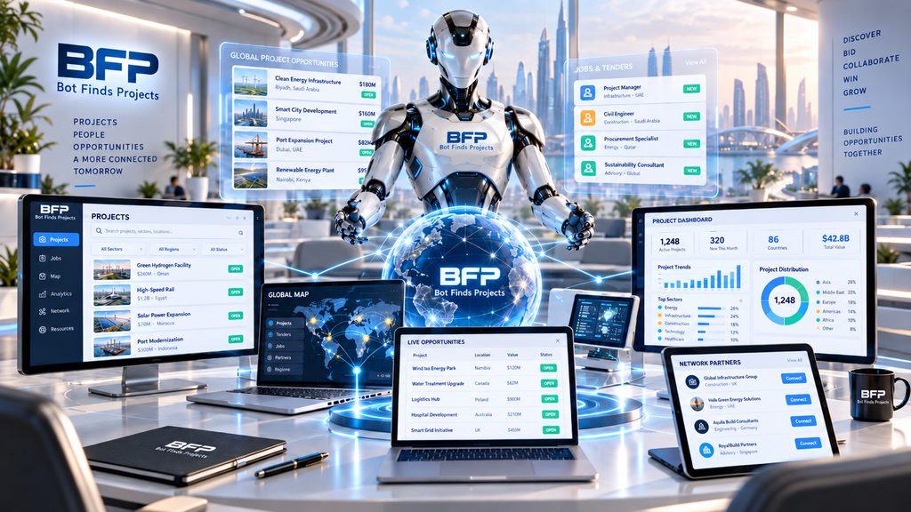 Bot Finds Projects — a robotic figure surrounded by project discovery dashboards